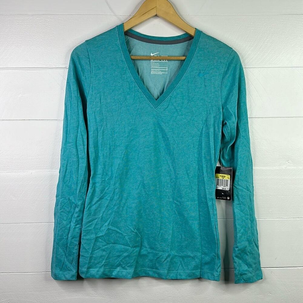 NIKE Blue Dri-Fit Stay Cool Long Sleeve‎ V Neck Activewear Shirt Top Size Small